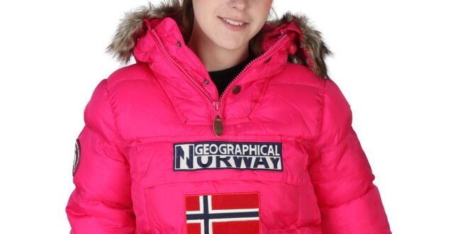 Dámska ružová bunda s kapucňou a kožúškom Geographical Norway