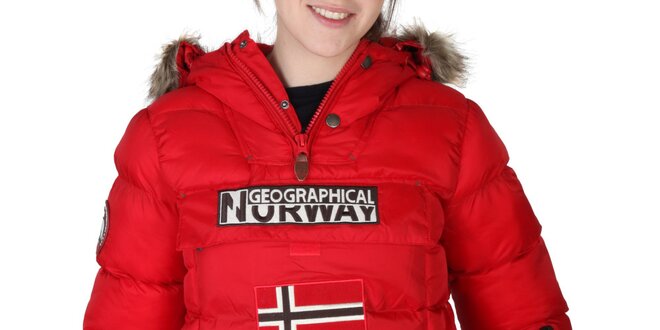 Dámska červená bunda s kapucňou s kožúškom Geographical Norway