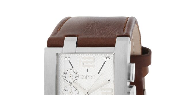 Pánske oceľové hranaté hodinky s koženým hnedým remienkom Esprit