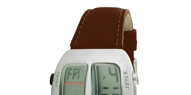Strieborné digitálne hodinky s hnedým koženým remienkom RG512