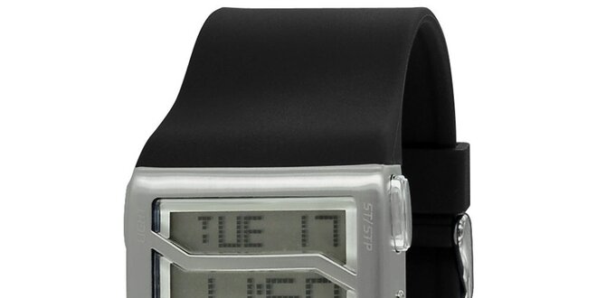 Strieborné hranaté digitálne hodinky s čiernym remienkom RG512