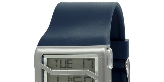 Strieborné hranaté digitálne hodinky s modrým remienkom RG512