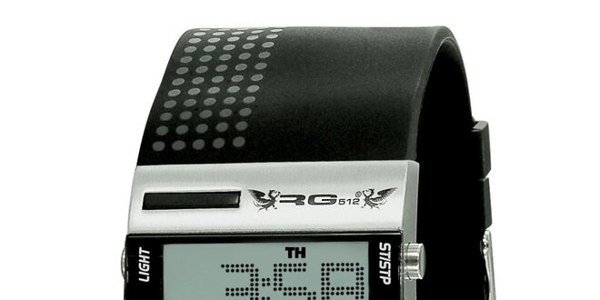 Strieborné digitálne hodinky so širokým čiernym remienkom RG512