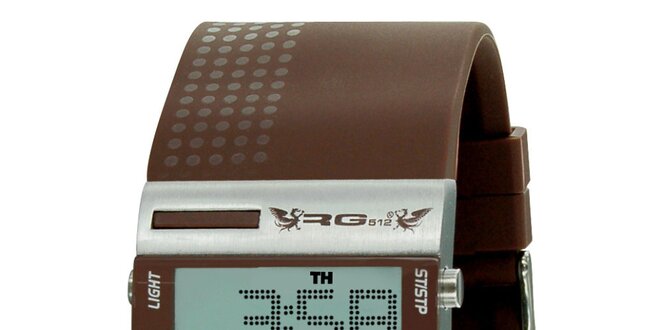 Strieborné digitálne hodinky so širokým hnedým remienkom RG512