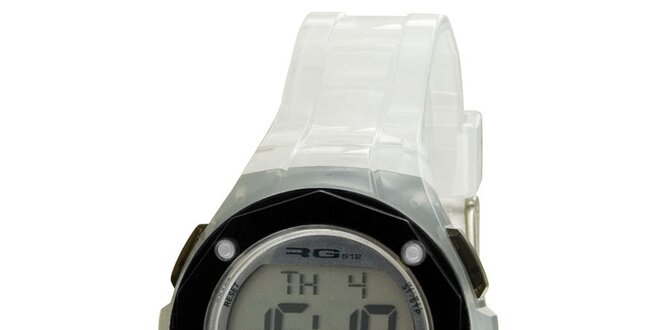 Okrúhle digitálne hodinky s transparentným bielym remienkom RG512