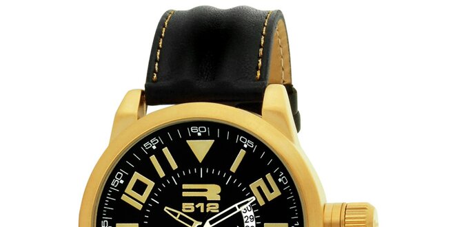 Okrúhle oceľové hodinky zlatej farby s čiernym remienkom RG512