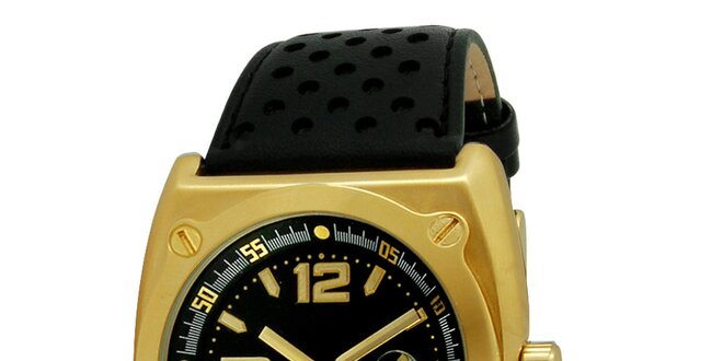 Oceľové hodinky zlatej farby s čiernym perforovaným remienkom RG512