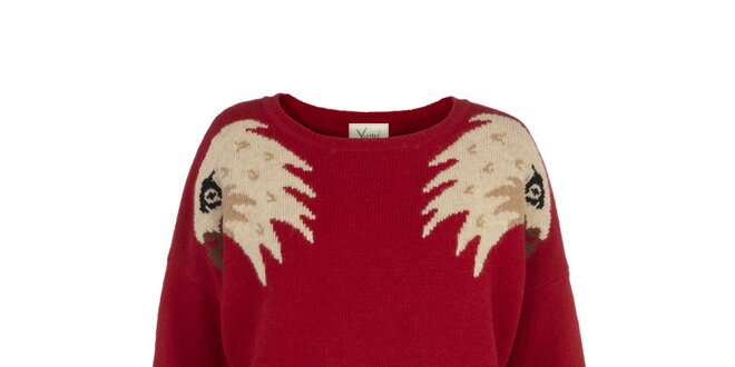 Dámsky červený oversized sveter s orlími hlavami Yumi
