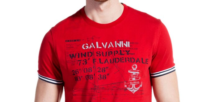 Pánske červené tričko s potlačou a pruhovanými lemami Galvanni