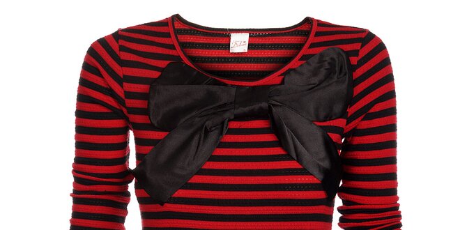 Dámsky červeno-čierny prúžkovaný sveter Pussy Deluxe s veľkou saténovou mašľou