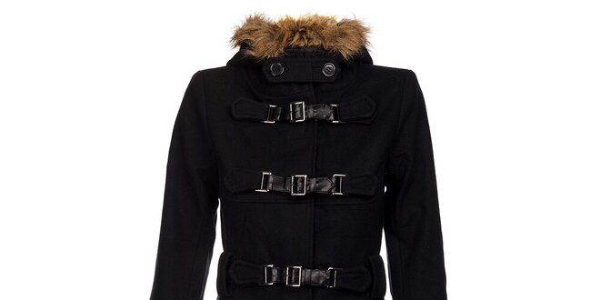 Dámsky čierny kabát Pussy Deluxe s prackami a kožušinou