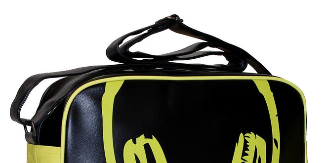 Čierna taška cez rameno s limetkovými detailmi a potlačou slúchatiek Dunlop