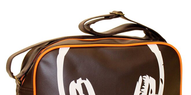 Hnedá taška cez rameno s oranžovými detailmi a potlačou slúchatiek Dunlop