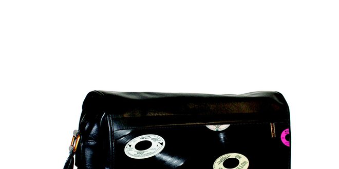 Čierna messenger taška s potlačou vinylových dosiek Kothai