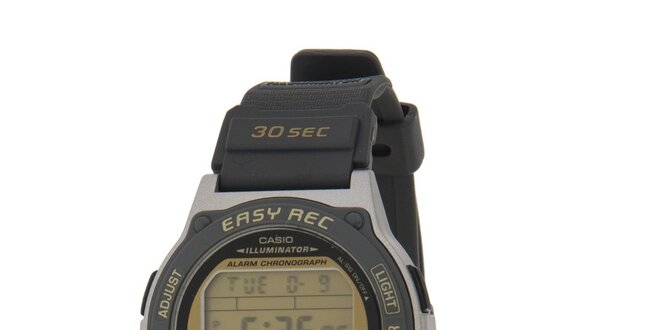 Pánske čierne digitálne hodinky Casio s čiernym pryžovým remienkom a záznamníkom