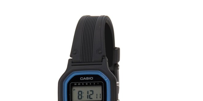 Dámske čierne digitálne hodinky Casio s modrým lemom