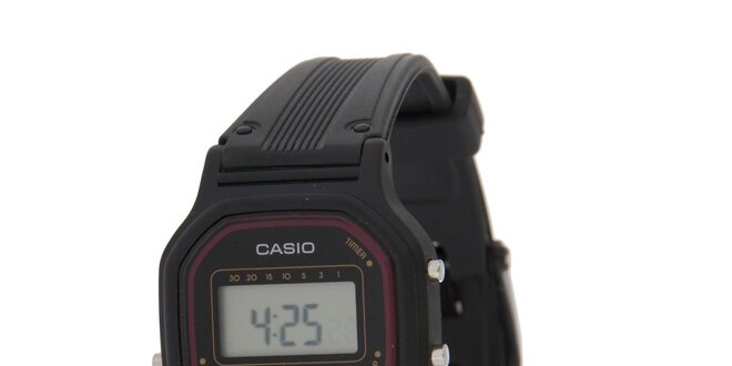 Dámske čierne digitálne hodinky Casio s vínovým lemom