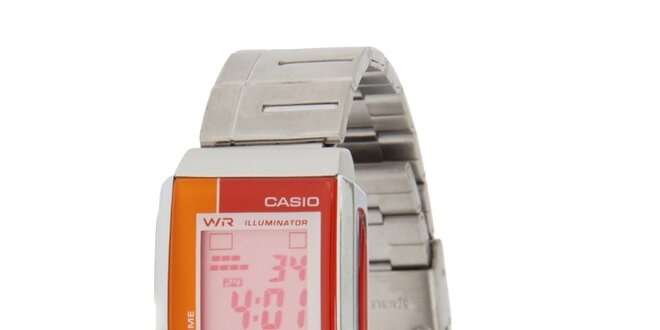Dámske oceľové digitálne hodinky Casio s oranžovými detailami