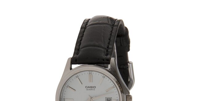 Dámske oceľové hodinky Casio s čiernym koženým remienkom