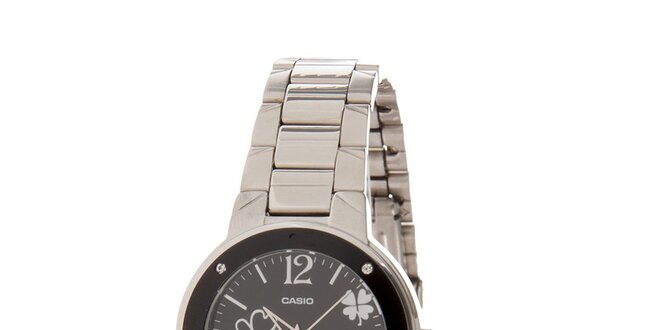 Dámske oceľové hodinky Casio s čiernym ciferníkom a štvorlístkami
