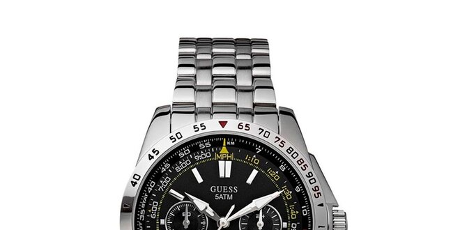 Pánske strieborné hodinky z nerezovej ocele s čiernym ciferníkom Guess