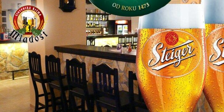0,50 € za DVE veľké čapované pivá Steiger 12°. Príďte sa uvoľniť po celom dni v podniku Mladosť - Slovenská krčma so zľavou 67%!