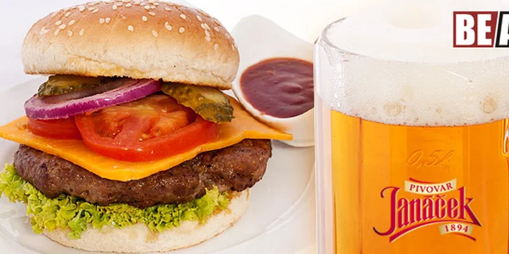 2,89 eur za šťavnatý PIVNÝ BURGER s majonézou, zeleninkou a dresingom a 2 PIVÁ Janáček v BeAbout. Pochutnajte si do prasknutia! Zľava 54%!