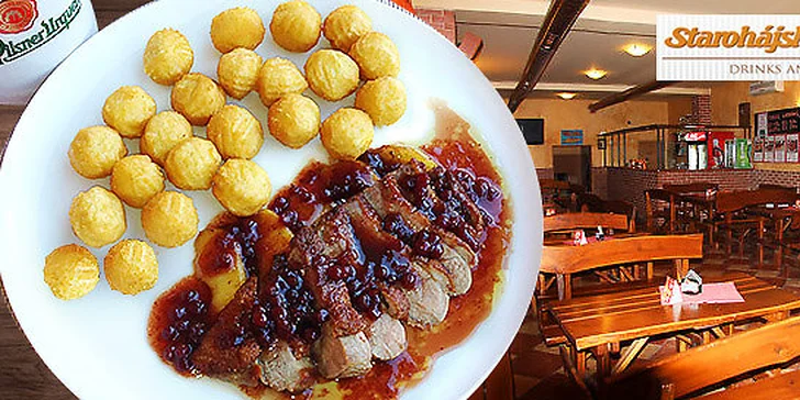 Krehký kačací steak na jablkách s kroketami
