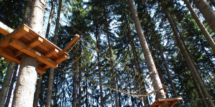 5 eur za vstup na všetky atrakcie Lanového parku Preles v Žiline. Nízky a vysoký okruh a k tomu aj adrenalínový obrovský skok!