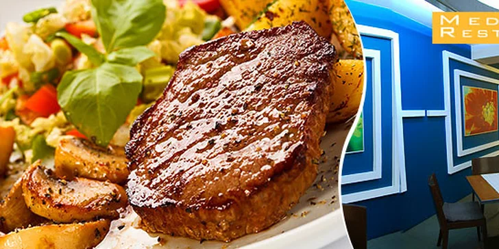 Hovädzia roštenka na chilli-medovej omáčke s grilovanou zeleninkou a opekanými zemiakmi