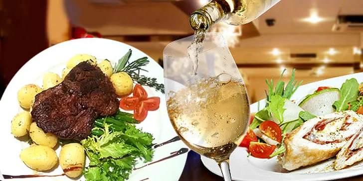 Bowlingová kapsa alebo steak z panenky - k obom palacinky s horúcim lesným ovocím a pohár vína