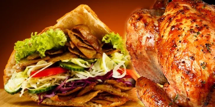 Celé grilované kurča alebo kebab s hranolkami a nápojom