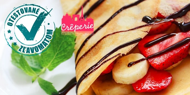 Palacinka s plnkou, ovocím, šľahačkou a čokoládovou polevou + nápoj v Créperie, Polus City Center
