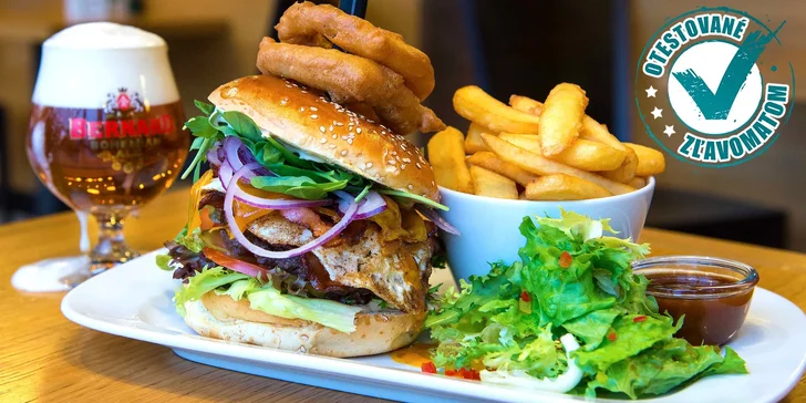 Homemade burger alebo kurací cornburger + hranolčeky + pivo alebo kofola