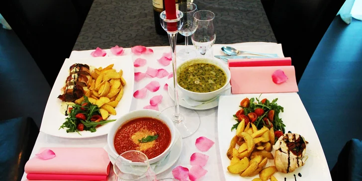 3-chodové menu pre 2 osoby s vínom podľa vlastného výberu