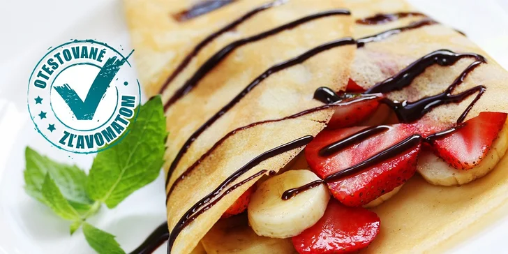 Palacinka s plnkami/pudingom, ovocím, šľahačkou a čokoládovou polevou + nápoj v Créperie, Polus City Center