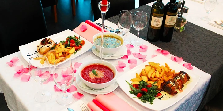 3-chodové menu pre 2 osoby s vínom podľa vlastného výberu