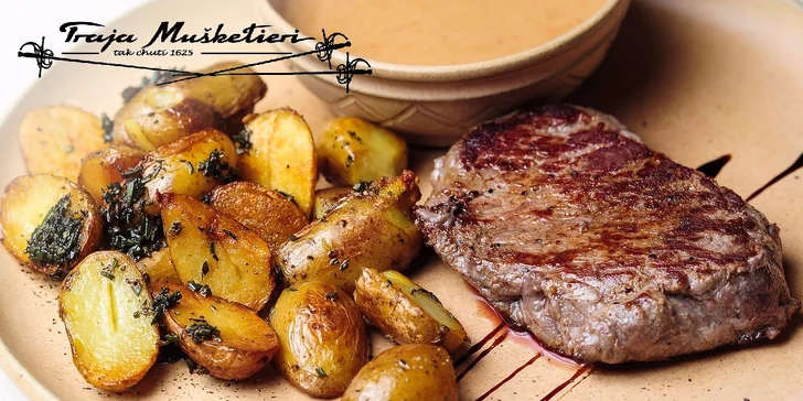 Steak z pravej argentínskej sviečkovice s pečenými zemiakmi a omáčkou