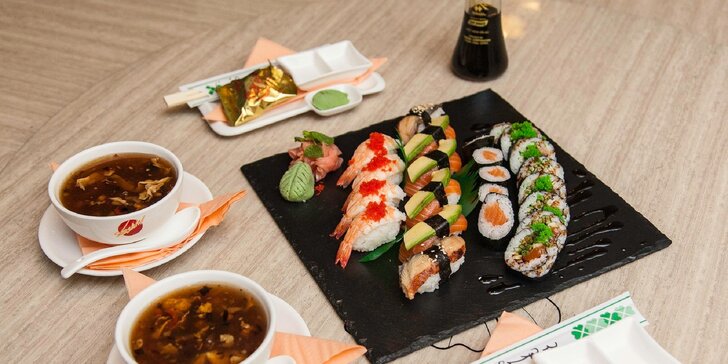 Sushi menu s ostrokyslou polievkou v Asian Restaurant Sunshine v Auparku
