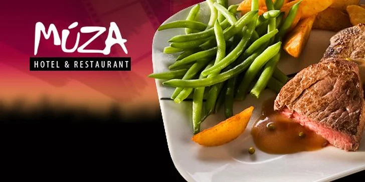 5,99 eur za hovädzí steak z pravej sviečkovej s omáčkou na zelenom korení, opekanými zemiakmi a čerstvým šalátom! Mňam papaníčko v Reštaurácii Hotela Múza, so zľavou 56 % !