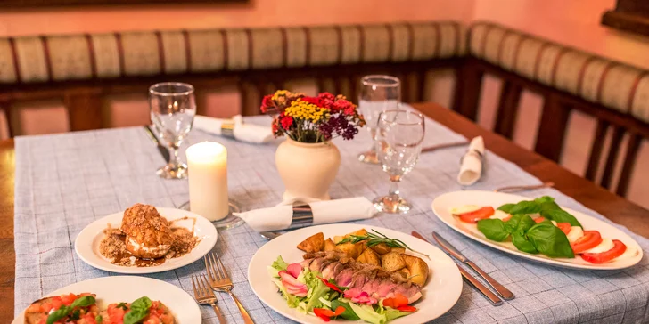 Dvojchodové alebo štvorchodové talianske kačacie menu v reštaurácii Mediterran