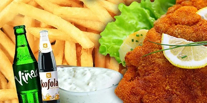 2,49 eur za kurací alebo bravčový rezeň s hranolkami, tatárskou omáčkou alebo šalátom a kofolu alebo vineu či malinovú malinovku! Chutná a osvedčená klasika sa výbornú cenu, so zľavou 52%!