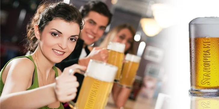 1,40 eur za vychladené pivečko Staropramen a k tomu panák hrušky Jelínek. Vyhoďte si z kopýtka a pozvite priateľov na pohárik so zľavou 50%!