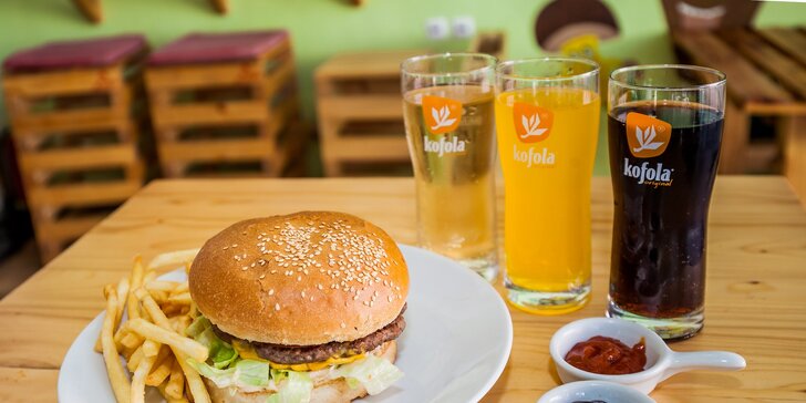 Hovädzí classic burger alebo burger menu s hranolčekmi a Kofolou