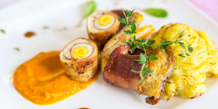 Gurmánske 3-chodové menu: batátový krém, mini kuriatko a tortička