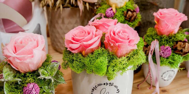 Stabilizované ruže a darčekové poukážky na nákup v kvetinovom ateliéri