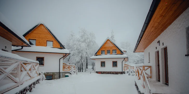 Nové Horské Chaty Guldiner pre 4 až 7 ľudí pri svahu a na bežkárskej trase na vrchole Kremnických vrchov v 1205 m n. m.