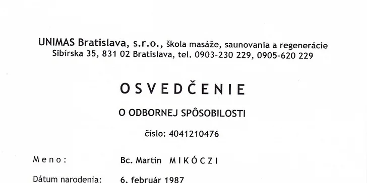 Klasická relaxačná masáž chrbta a šije v trvaní 45 minút