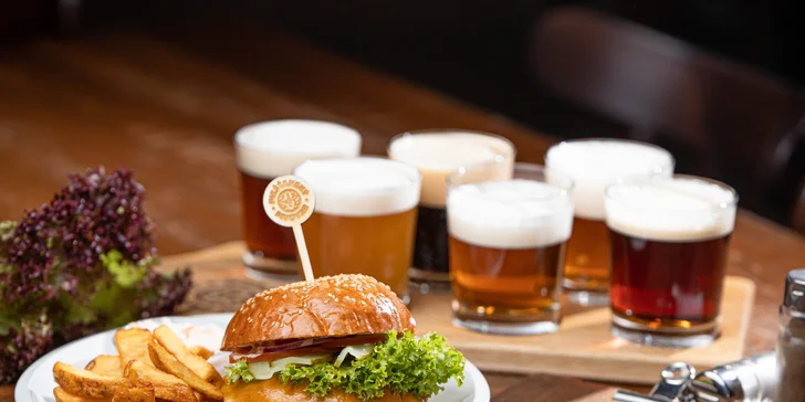 Americký burger s hranolčekmi alebo pivovarská doska + degustácia pív