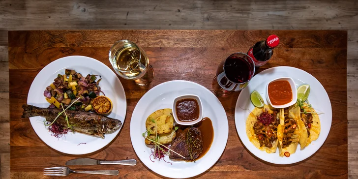 Mäsové špeciality: grilovaný pstruh, hovädzie taco alebo steak